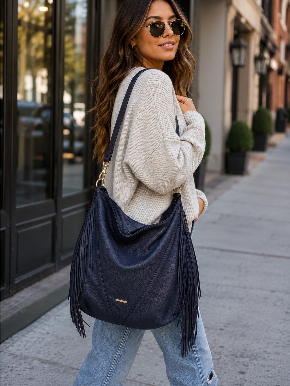 Rebecca Minkoff Navy Leather Fringe Large Hobo Tote Bag